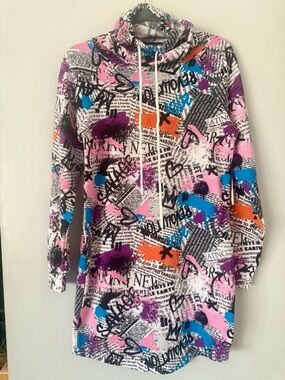 Almost Famous Graffiti & Newspaper Print Mini Dress – Y2K Streetwear Cowl Neck